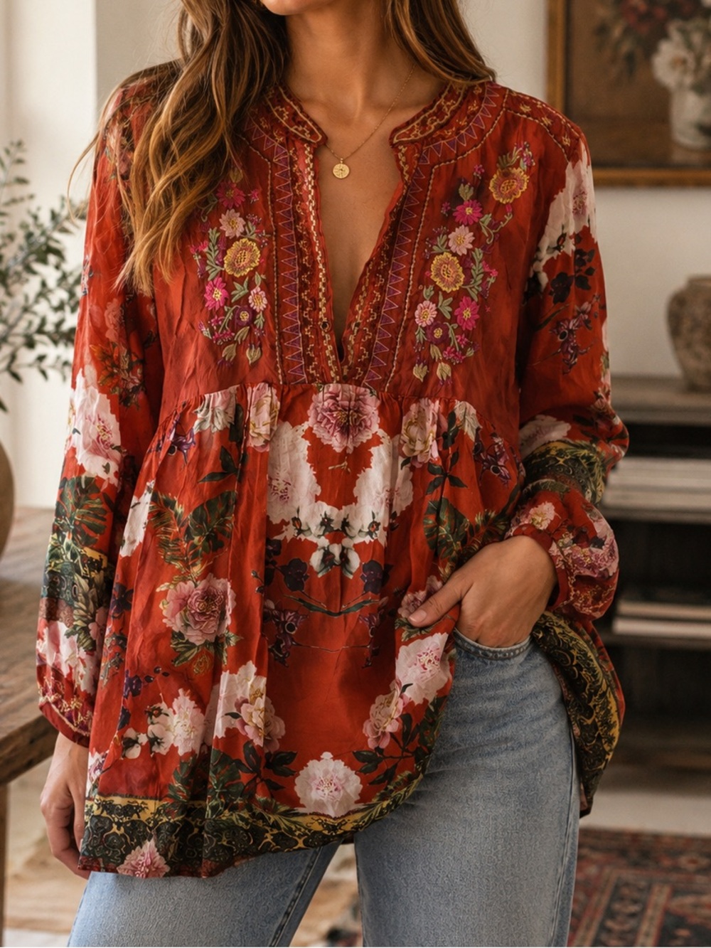 All About Her Rust Floral Embroidered Peasant Cupro Blouse Hippie Boho Indie